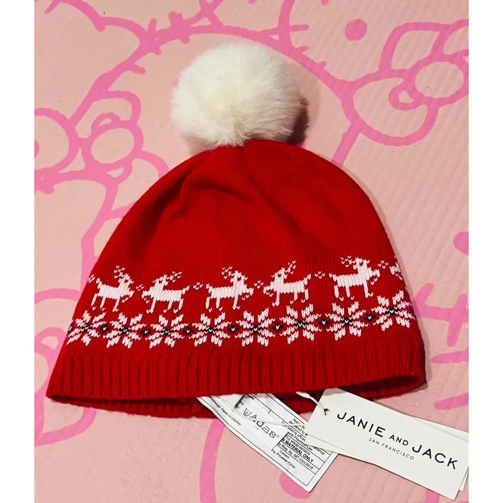 NWT❤️Janie and Jack Reindeer Fair Pom Beanie sz4/5